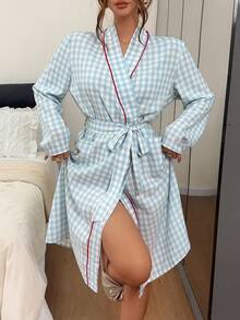 Napfluff Romantic Blue Women's Plaid Print Long Sleeve Robe - Blue - View 4