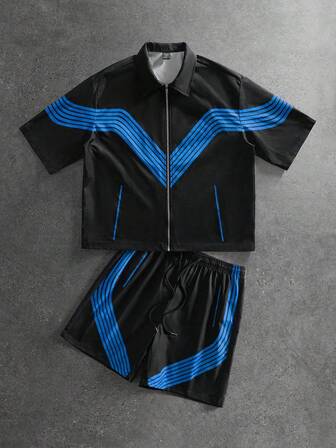 Men's Spring/Summer Striped Print Plus Size Shirt And Shorts Set