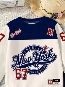 SHEIN 1套女童活力街頭風海軍藍與白色對比 NewYork67 數字字母長袖圓領上衣與內搭褲，適合週末、度假、外出、派對，春秋季幼童女童套裝 - 彩色 - 查看 4
