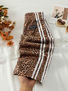 SHEIN Young Girls Long Pants, Spring/Autumn, Classic Brown Leopard Print, Vintage Athletic Style, White Vertical Stripes, Contrast Design, Back-To-School - Multicolor - View 9