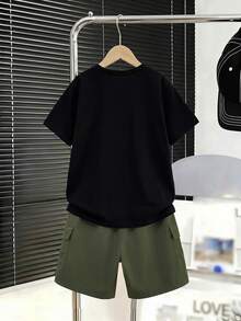 2pcs/Set Boys' Crew Neck Short Sleeve Contrast Color Cargo Pocket T-Shirt & Matching Shorts, Suitable For Summer Outdoor, Commute, School, Sports - Army Green - View 2