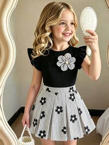 Elladie kids Mädchen Frühling/Sommer Schwarz gestricktes Rundhals T-Shirt mit Rüschenärmeln und gestreifter Vorderseite & Schwarz gewebter einfarbiger Rock mit halber elastischer Taille und 2 Schleifen-Dekor 2 Stücke Set, geeignet für Frühling/Sommer Alltagskleidung, Reisen, Urlaub, Party - Schwarz - Übersicht 2