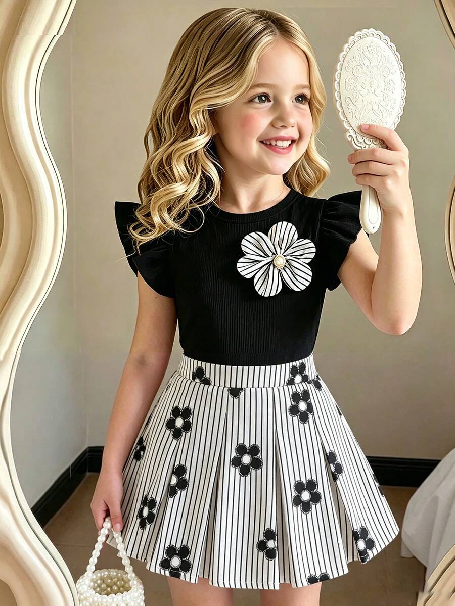 Elladie kids Mädchen Frühling/Sommer Schwarz gestricktes Rundhals T-Shirt mit Rüschenärmeln und gestreifter Vorderseite & Schwarz gewebter einfarbiger Rock mit halber elastischer Taille und 2 Schleifen-Dekor 2 Stücke Set, geeignet für Frühling/Sommer Alltagskleidung, Reisen, Urlaub, Party