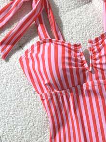 Swim Lushoire 女款一件式條紋隨機印花性感鏤空V領夏季泳衣 - 紅色 - 查看 4