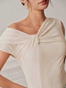Anewsta Essential Spring/Summer New Elegant Fashion Casual Sexy Date Outing Party Holiday Wedding Ruched Knit Elastic Slim Fit Off-Shoulder Women's Bodysuit - Apricot - View 2