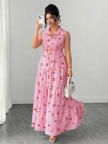 Elenzga elegantes süßes Blumen-Allover-Kirschmuster ärmelloses Hemdkragen einreihiges großes A-Linien-Kleid in Große Größen, schlankmachendes mehrschichtiges Patchwork-Kuchenrock-Design, geeignet für tägliches Pendeln, Ausflüge, Urlaub, Party, Date, Reisen - Pink - Übersicht 3