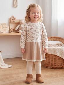 SHEIN Young Girl Colorblock Leopard Print Knit Dress - Khaki - View 5