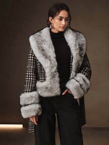 Anewsta Jaket Pendek Bulu Imitasi Lembut Motif Houndstooth Patchwork Musim Gugur/Dingin untuk Wanita, Dilengkapi dengan Pengencang Pinggang dan Bulu Imitasi. - Hitam dan Putih - View 4