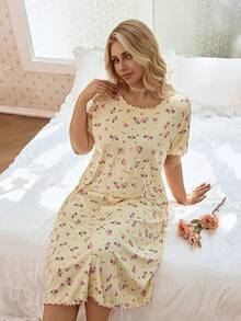 CottageSlumber Jacquard Knit Ditsy Floral Plus Size Short Sleeve Nightgown - Yellow - View 8