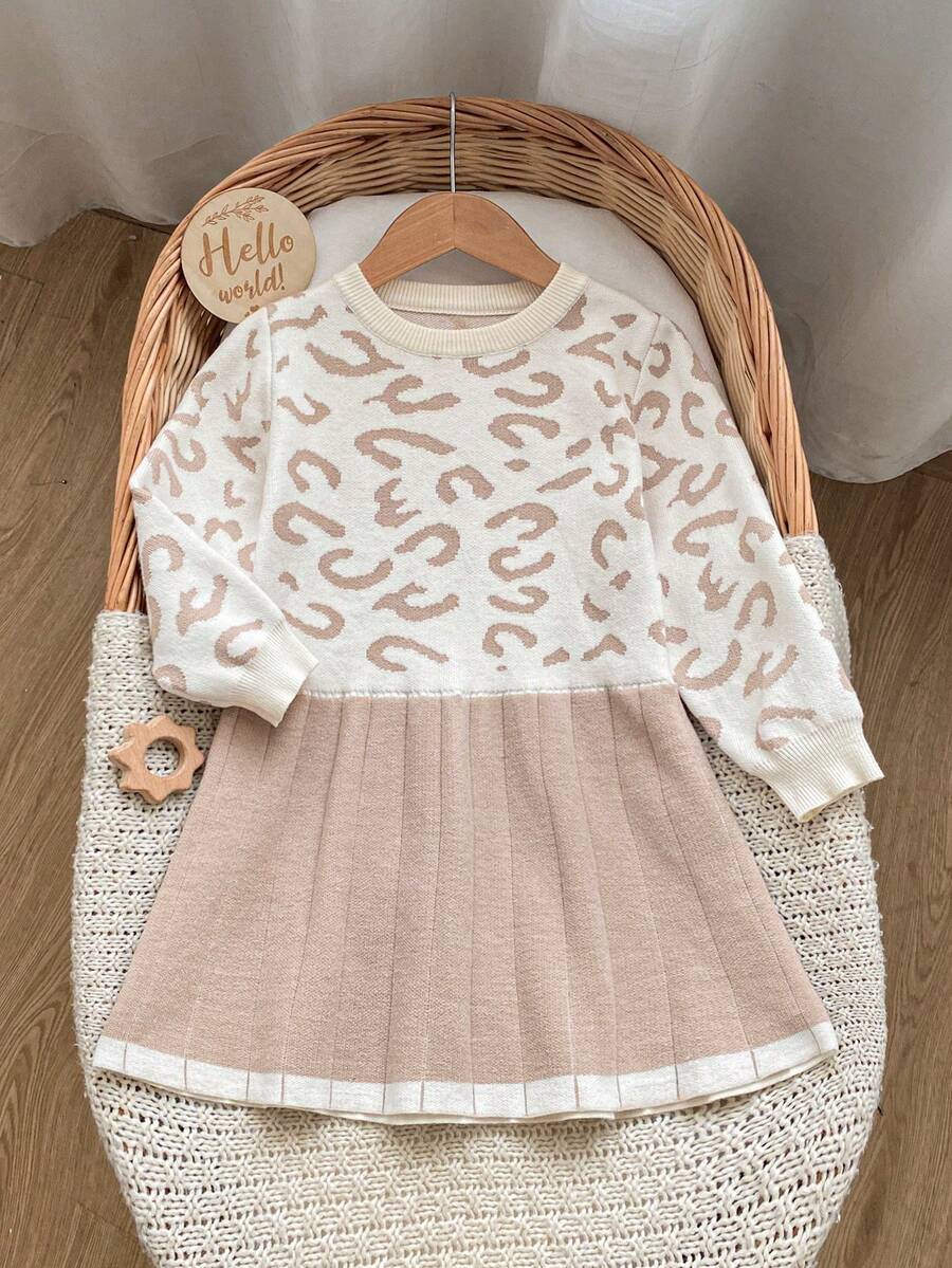 SHEIN Young Girl Colorblock Leopard Print Knit Dress - Khaki - View 1