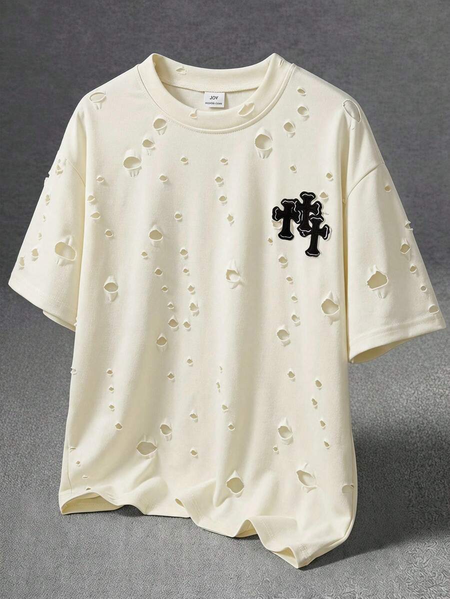 男童針織T恤 夏季新款美式街頭風十字刺繡短袖T恤 復古做舊破洞設計 休閒百搭寬鬆上衣 - 米色 - 查看 1