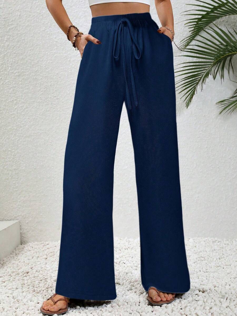 Aalyst Women's Solid Color Drawstring Waist Pocket Casual Daily Long Pants - Blue - View 1