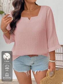 EMERY ROSE Camisa casual holgada de unicolor de manga 3/4 para mujer de talla grande - Rosa - Ver 1