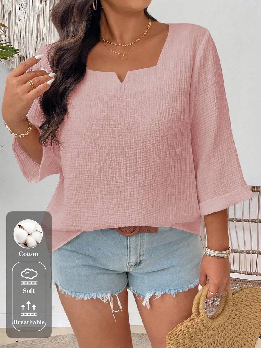 EMERY ROSE Camisa casual holgada de unicolor de manga 3/4 para mujer de talla grande - Rosa - Ver 1