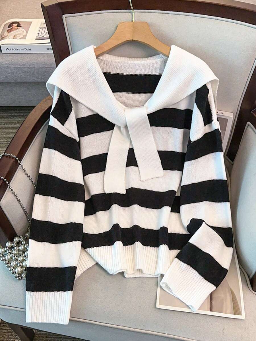GlowEve CURVE Plus Size Casual Striped Sailor Collar Drop Shoulder Long Sleeve Pullover Sweater - Black and White - View 1