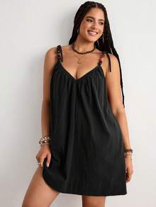 Freevana Plus Size Solid Color Cami Strap Vacation Casual Boho Dress Beach Vacation Black Summer - Black - View 4