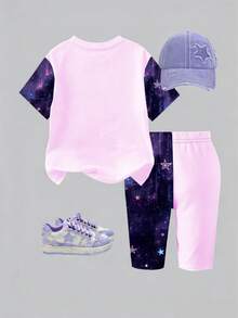 2件套女童时尚星星字母印花撞色短袖上衣和短裤套装，适合夏季外出穿着 - 彩色 - 查看 2
