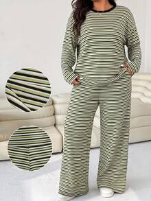 SHEIN EZwear Plus Size Women Striped Drop Shoulder Long Sleeve T-Shirt And Pants Casual Set Fall - Multicolor - View 1