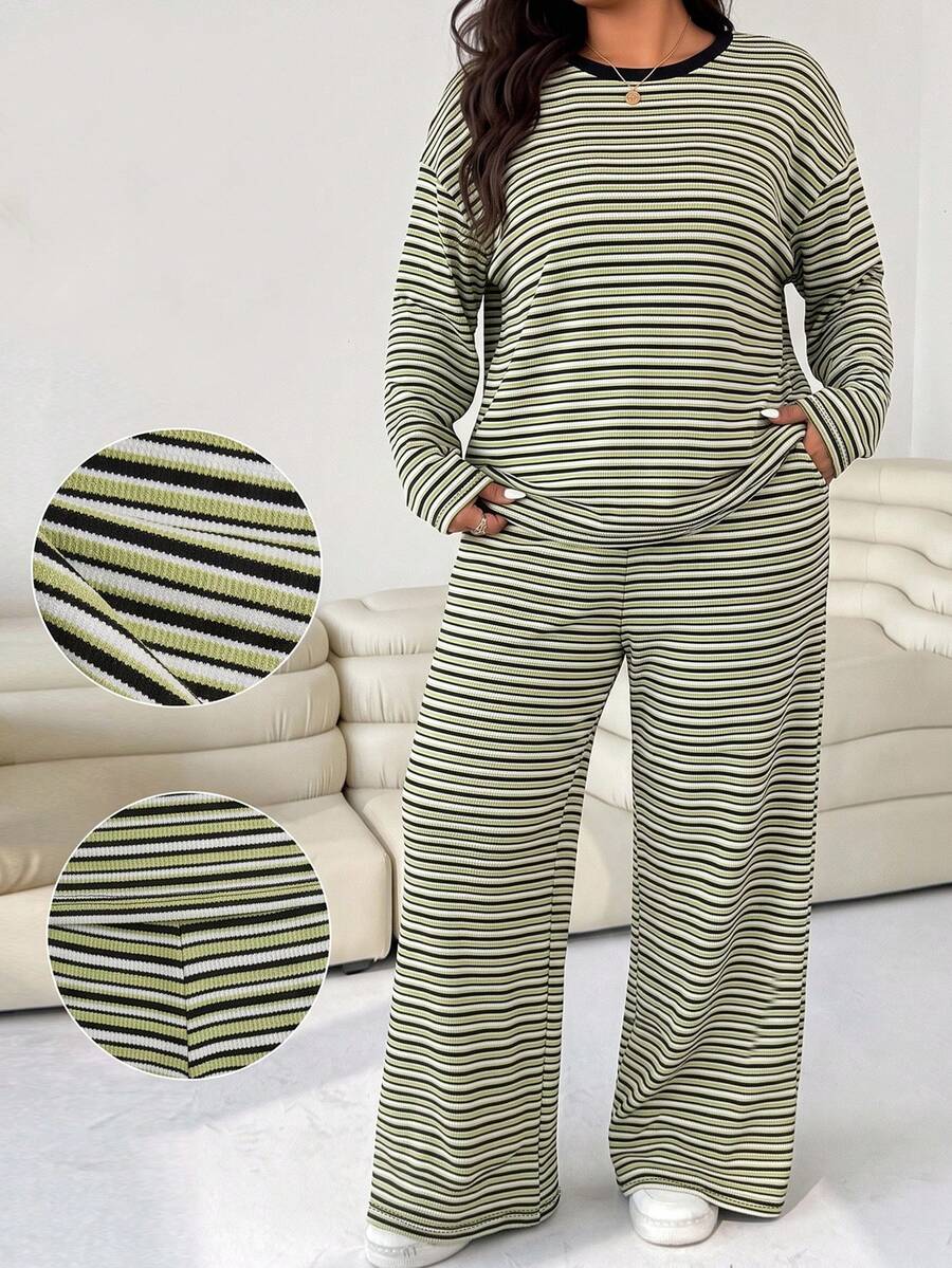 SHEIN EZwear Plus Size Women Striped Drop Shoulder Long Sleeve T-Shirt And Pants Casual Set Fall - Multicolor - View 1