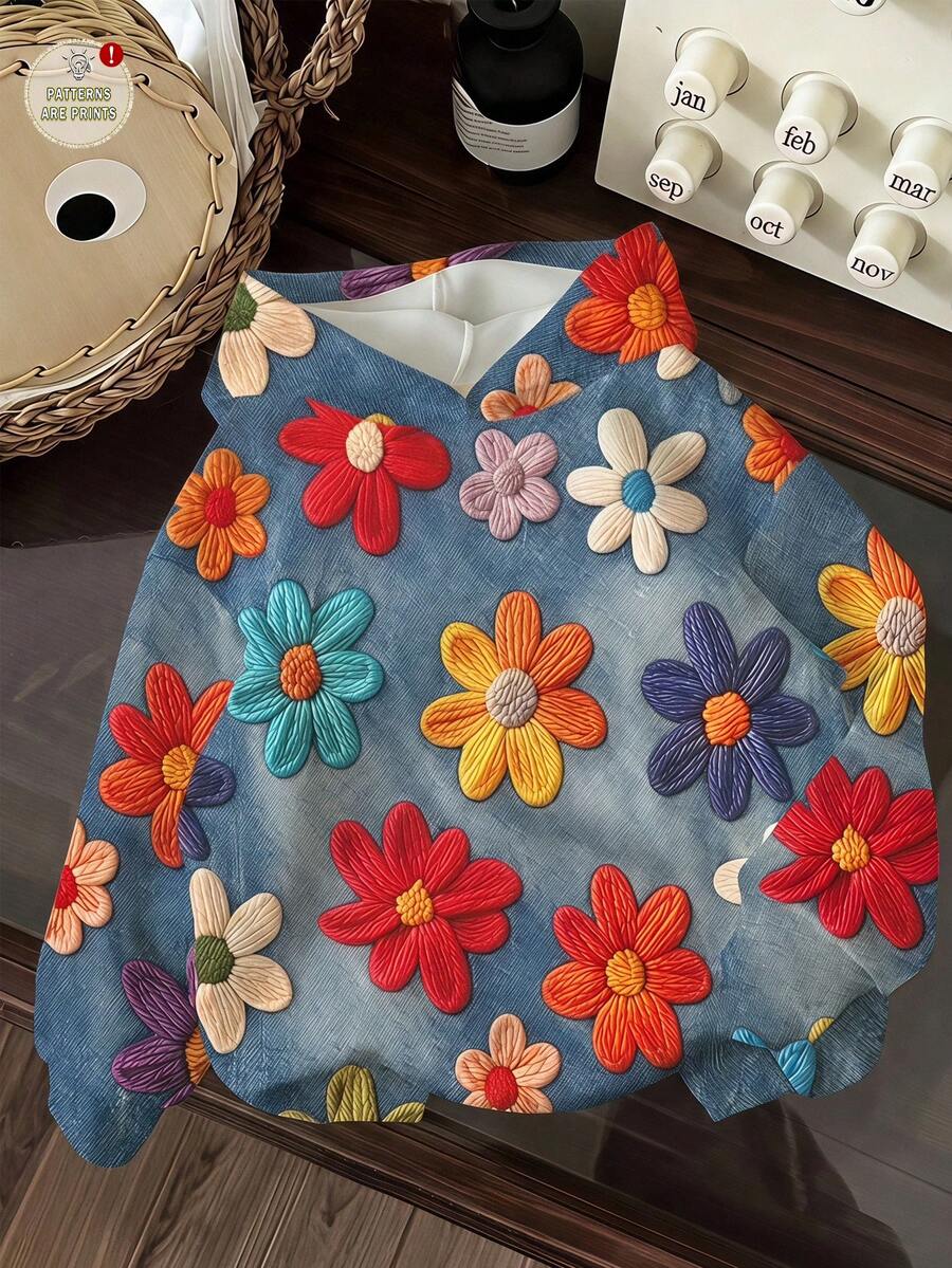 少女休閒簡約可愛趣味紋理花卉印花,厚實柔軟舒適連帽衛衣,適合秋冬,圖案、Y2K、舒適秋冬風格、復古、花卉 - 彩色 - 查看 1