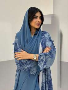 Yasmyna Abaya Wanita Model Terbuka Depan + Hijab Motif Botani Lengan Lentera Longgar Panjang Kimono Pakaian Luar - Biru - View 4