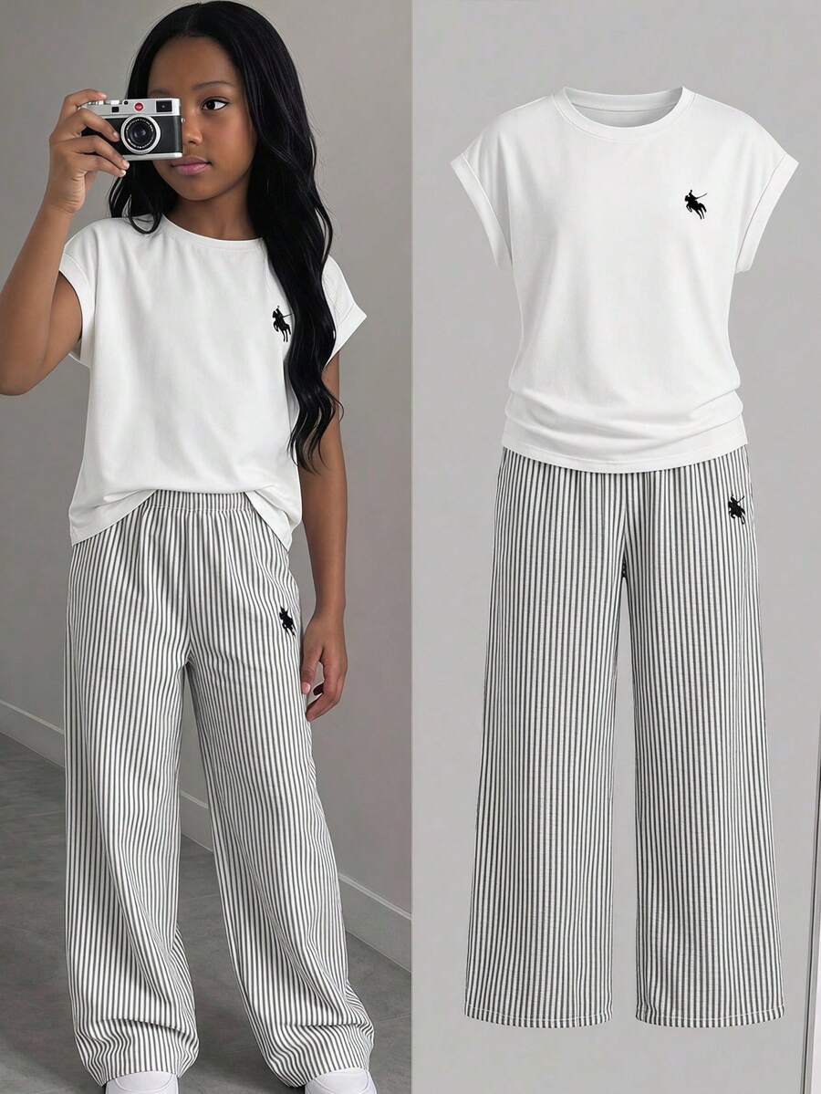 SHEIN 兒童青少年女孩圓領素色蝙蝠袖T恤與直條紋長褲時尚套裝 - 白色 - 查看 1