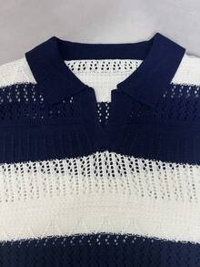Manfinity LEGND Men's Contrast Color Striped Hollow Knit Top - Navy Blue - View 6