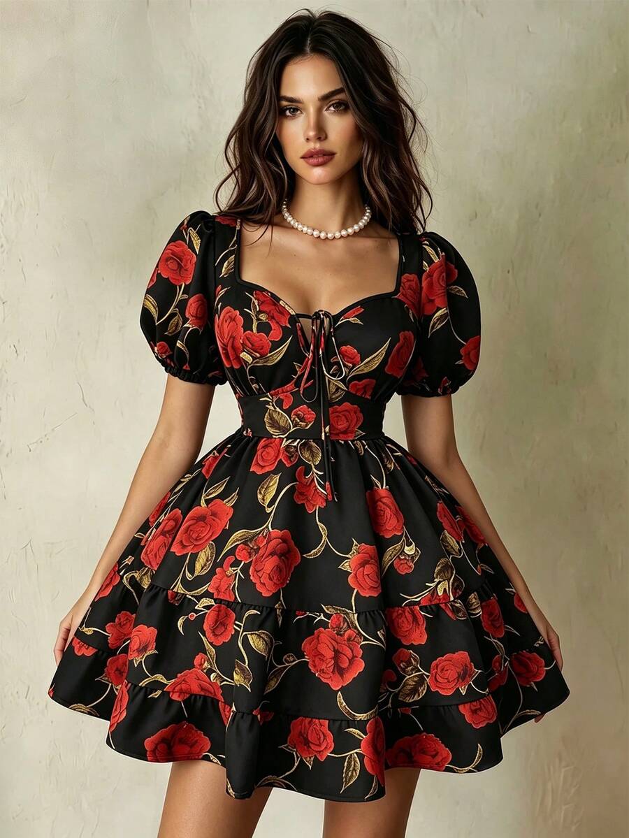 Franclia 女士红色玫瑰印花性感V领短袖蝴蝶结露背褶皱腰身度假浪漫花卉印花沙滩假日生日连衣裙艺术照连衣裙情人节连衣裙约会时尚设计连衣裙,百搭春夏新款多层蛋糕优雅连衣裙短裙 - 紅色和黑色 - 查看 1