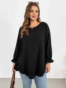 Shapeblank Damen-Bluse in großen Größen für Frühling/Herbst, lässig, locker, bequem, vielseitig, schlankmachend, mit Rüschensaum, schwarz, langärmlig, süßes Top, Herbstkleidung, Ausgeh-Top, minimalistischer Stil - Schwarz - Übersicht 4