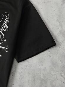 ROMWE MEN Kaos Pria Lengan Pendek Longgar dengan Motif Cetak - Hitam - View 5