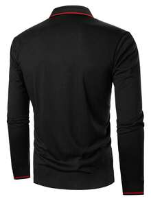 Manfinity Homme Men Striped Trim Button Casual Work Long Sleeve Polo Shirt, Boyfriend Gift,Fall, Formal - Black - View 2