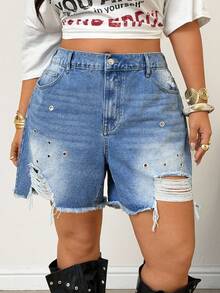 Jeanoix Y2K Casual 90s Plus Size Women's Fashion Washed Distressed Eyelet Summer Shorts Vacation Light Blue - Medium Wash - View 6