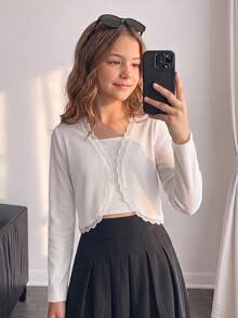 SHEIN Cárdigan de unicolor versátil y de moda sencilla para niña preadolescente - Blanco - Ver 9