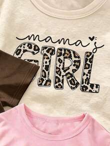 (Random Pattern, Randomly Ships 1 Of 5) Girls' Fashion Creative Fresh Leopard Print Bow Design Fun Letter Pattern Printed Basic Short Sleeve T-Shirt - Pink - View 3