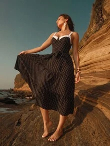 Swim Chiccia Gaun Musim Panas Motif Polkadot Hitam Putih Kontras dengan Tali Bahu Tipis - Hitam - View 6