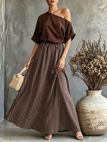 SHEIN Women's Summer Dress, Elegant Dress, Beach Dress, Outing Dress, Casual Dress, Business Dress, Vacation Dress, Striped Dress, Brown Dress - Brown - View 6