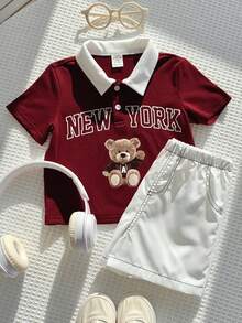 SHEIN 兒童小男孩/女孩，小男孩 2件組 春/夏休閒學院風泰迪熊圖案短袖POLO衫上衣與白色短褲套裝，小男孩夏季服裝，套裝，柔軟 - 酒紅色 - 查看 3