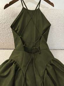 GlowEve Women's Solid Color Halter Neck Cold Shoulder Cinched Waist Side Seam Ruched Backless Wrap Tie Mid-Length Coffee Brown Dress, Elegant French Vintage Formal Office Commute Business Casual Beach Vacation Afternoon Tea Street Style Minimalist Versatile Old Money Australian Home Leisure Bohemian Holiday Party Photo Shoot Spring Summer New - Army Green - View 1