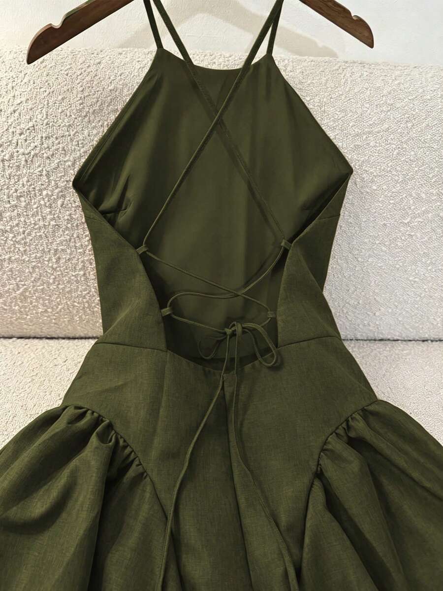 GlowEve Women's Solid Color Halter Neck Cold Shoulder Cinched Waist Side Seam Ruched Backless Wrap Tie Mid-Length Coffee Brown Dress, Elegant French Vintage Formal Office Commute Business Casual Beach Vacation Afternoon Tea Street Style Minimalist Versatile Old Money Australian Home Leisure Bohemian Holiday Party Photo Shoot Spring Summer New - Army Green - View 1