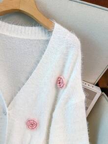 GlowEve CURVE Plus Size Elegant Contrast Color 3D Floral V-Neck Drop Shoulder Long Sleeve Cardigan - White - View 3