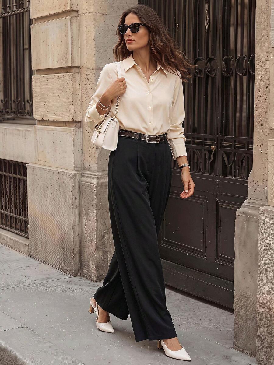 SHEIN Rosivaux 女款黑色米色兩件套,秋冬優雅辦公長袖上衣高腰寬腿褲,商務正式教師時尚兩件套 - 黑色 - 查看 1