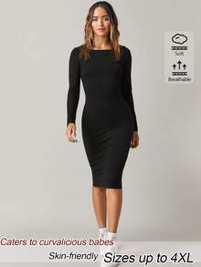 SHEIN BASICS فستان كاجوال ضيق بلون موحد مقاس كبير للخريف - الأسود - مشاهدة 6