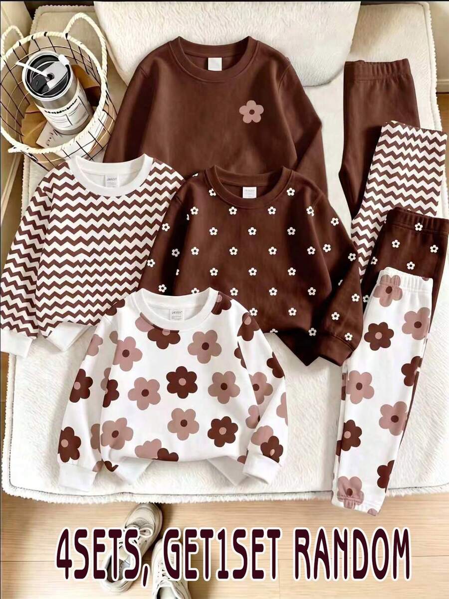 1 Set Random Young Girl Outfit Set,Animal Element Pattern Print Crew Neck Long Sleeve Ribbed Sweatshirt Paired Matching Pattern Print Long Leggings - Multicolor - View 1