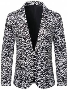 Manfinity Mode 1-Button Leopard Print Men's Long Sleeve Blazer - Black and White - View 4