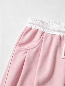 SHEIN 青少年女孩針織粉色與白色拼色抽繩休閒寬鬆運動長褲 - 粉色 - 查看 6