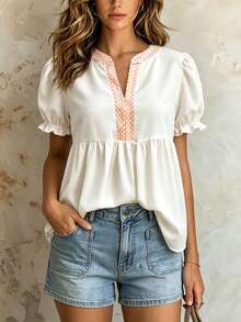 SHEIN Franclia Beach Day Party Vacation Retro Elegant Floral Decor V-Neck Women Shirt Pink Checkered Summer - Beige - View 1