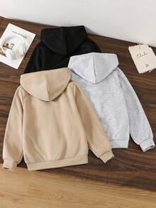 SHEIN 3件組買2送1兒童青少年男孩休閒百搭保暖內裡加厚連帽衛衣，黑色連帽衛衣、卡其色連帽衛衣、灰色連帽衛衣，百搭上衣，適合秋冬、學校、運動、秋季穿搭、冬季穿搭 - 彩色 - 查看 6