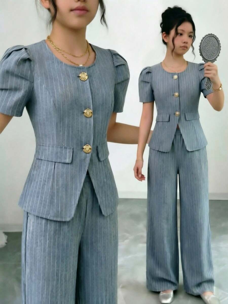 SHEIN 青少年女孩金屬花朵鈕扣短花瓣袖條紋上衣與長褲兩件套