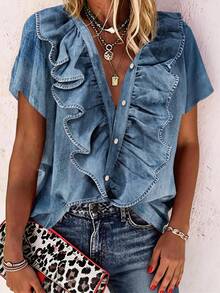 SHEIN Middle-Aged Women's Denim Effect Print Ruffle Trim Blouse - Blue - View 3