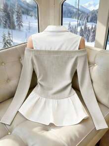 Franclia Classic Black & White Contrast Color 2 In 1 Open Shoulder Long Sleeve Blouse, Minimalist & Fashionable - Grey - View 2